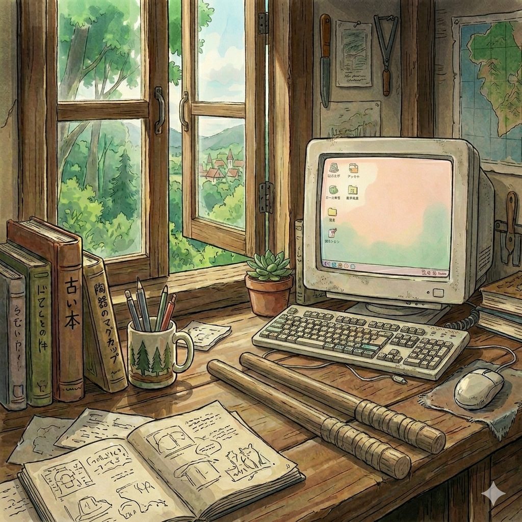 キーボードの横の、いびつな木の棒